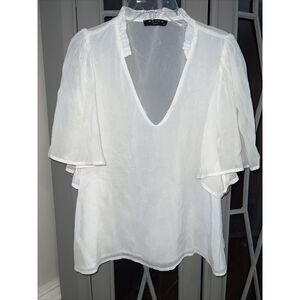 anthropologie MAVEN WEST white Flutter Sleeves fringe v-neckline blouse size XS
